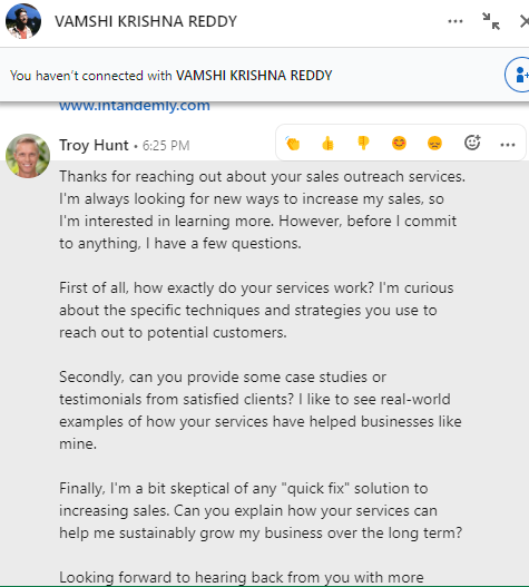 troyhunt's tweet photo. I'm determined to get a bite out of a spammer with a ChatGPT response! This one seems pretty good 😎 https://t.co/NzejknG5pA