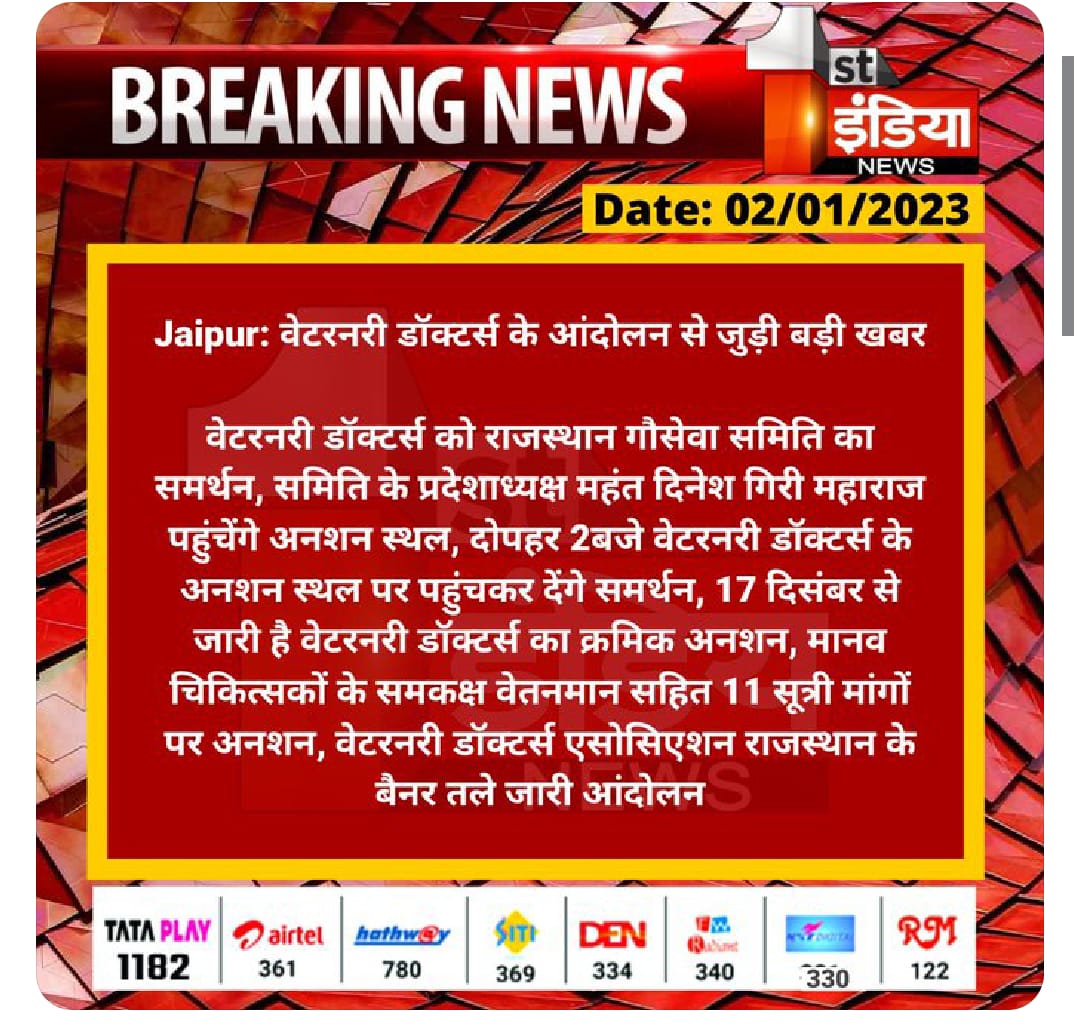 पशु चिकित्सक मांगे न्याय
- 11 सूत्री मांगों को लेकर पशु चिकित्सकों का राजधानी में महापड़ाव, मांगें नहीं माने से आक्रोश, राजस्थान पशु चिकित्सक संघ कर सकता है कार्य बहिष्कार की घोषणा
<a href="/KatariaLalchand/">Lalchand Kataria</a> 
<a href="/ashokgehlot51/">Ashok Gehlot</a> 
<a href="/RajCMO/">CMO Rajasthan</a> 
<a href="/AHDRajasthan/">Department Of Animal Husbandry, Govt Of Rajasthan</a> 
<a href="/News18Rajasthan/">News18 Rajasthan</a> 
<a href="/bharatbeniwal_/">BHARAT BENIWAL</a>