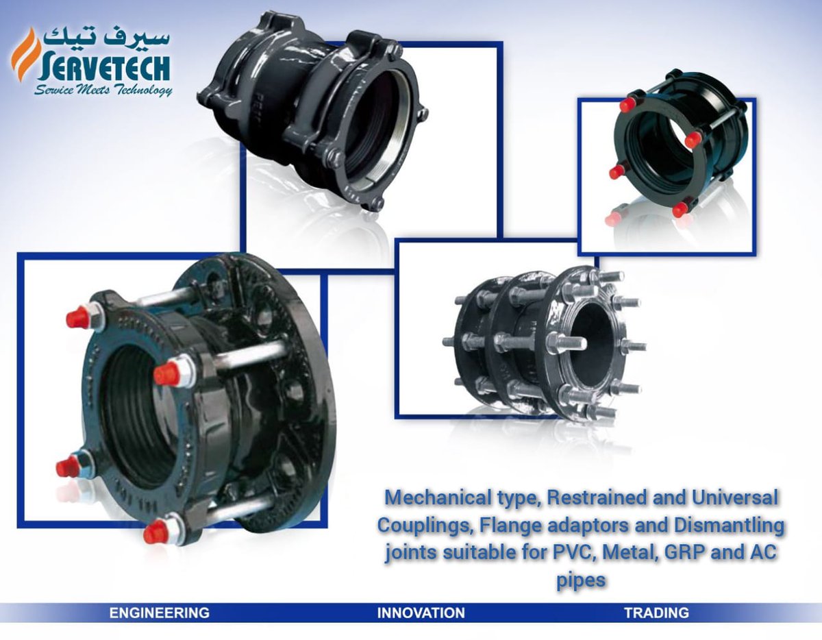 ServetechQ's tweet photo. Servetech provides the mechanical type, restrained and Universal couplings, Flange adapters and dismantling joints suitable for PVC, Metal, GRP/GRE, and AC pipes 

#servetech #couplings #flange adaptor #dismantling joints https://t.co/AIK7LVE4YR