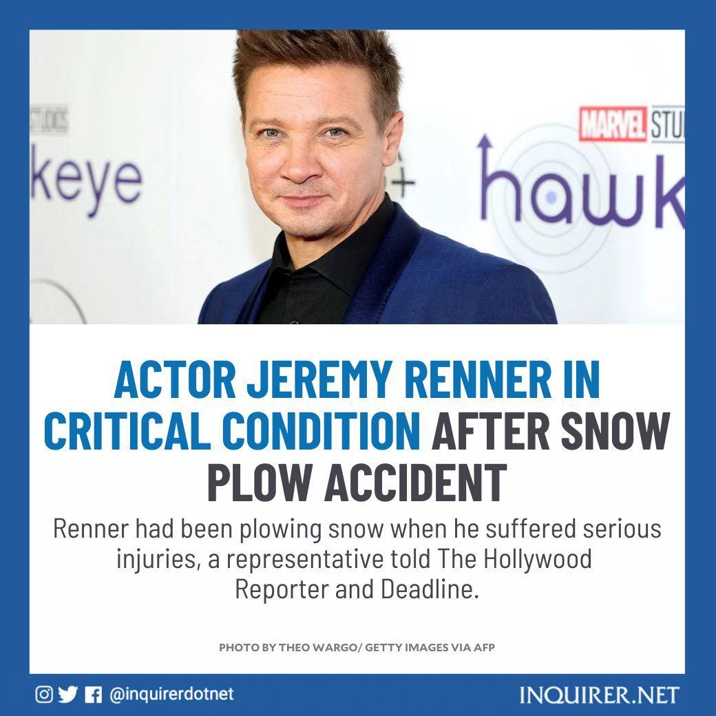 inquirerdotnet's tweet photo. Movie star Jeremy Renner, known for his role as Hawkeye in several Marvel blockbusters, was in critical but stable condition following an accident, his representative told US media.

READ: https://t.co/B4eWsm66b5 https://t.co/Xyrg2BTTiW