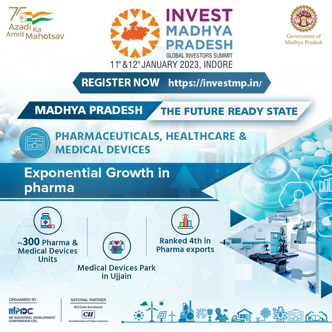 MPIDC's tweet image. Madhya Pradesh - One of the Leaders in Pharmaceutical Exports.

Show your intention to invest, Click On: investmp.in/gis/public/int…

Register Now: investmp.in

#AatmanirbharMadhyaPradesh
#InvestMP
#InvestMPGIS2023
#InvestIndia
#FutureReadyMadhyaPradesh