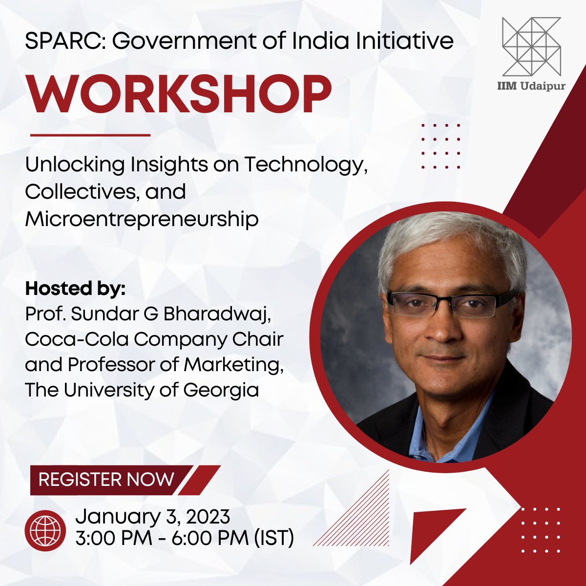 IIM_Udaipur's tweet photo. IIM Udaipur will be conducting a workshop as part of its collaboration with MHRD for the SPARC scheme on 3rd January 2023 at 3 PM (IST).

Register by clicking on the links below:
Session 1: https://t.co/cA6LduRVMO
Session 2: https://t.co/wCi8pzHoAr

#IIMUdaipur #IIM #MHRD #SPARC https://t.co/yHqIICzTSb