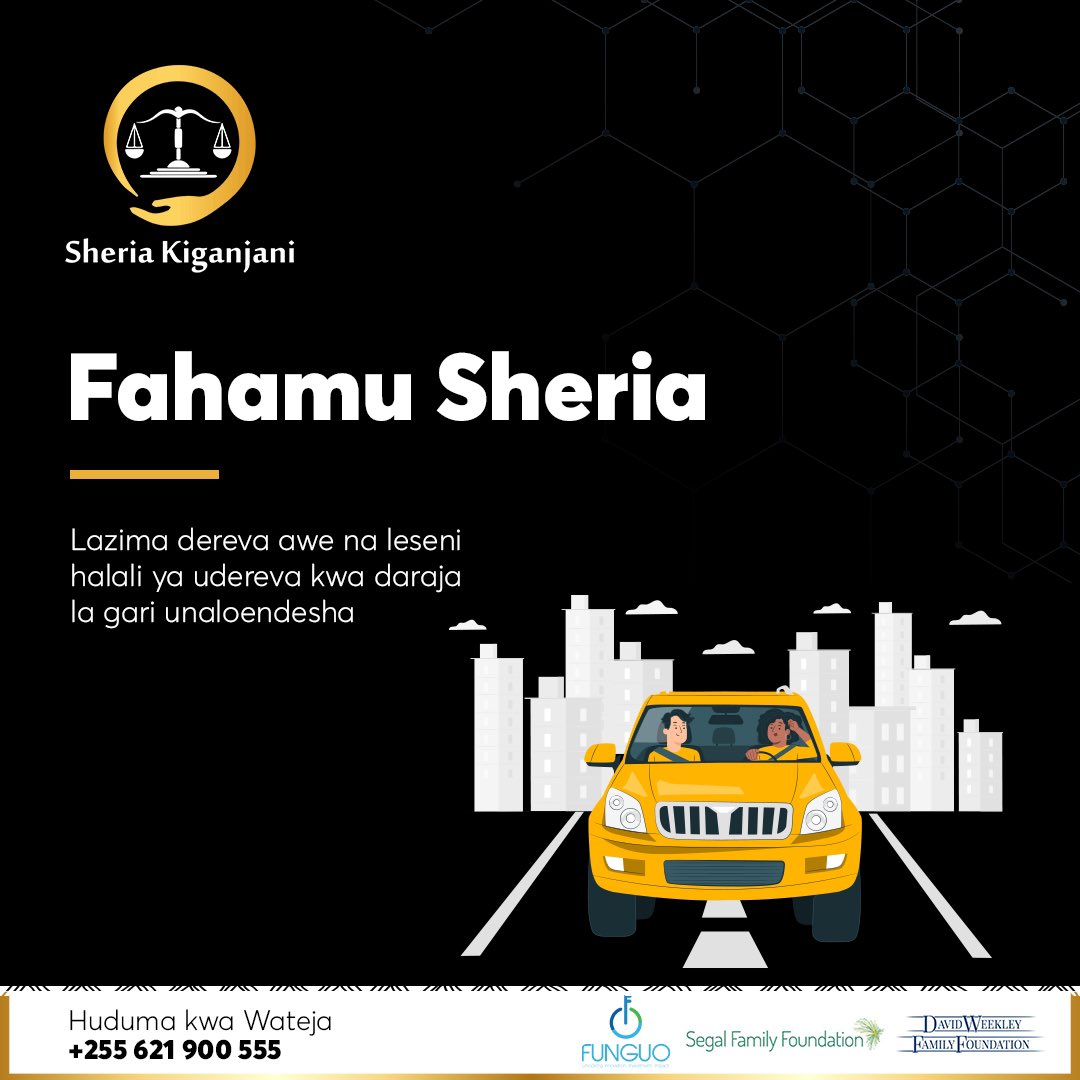 SheriaKiganjani's tweet photo. FAHAMU SHERIA ya Jumatatu hii inatusihi ulazima wa dereva kuwa na leseni halali ya udereva kwa daraja la gari analoendesha. #sheriakiganjaniapp #legalgurus #legaltech #justlers #fahamusheria #sheriakiganjani #sheriayabarabarani #leseni #halali https://t.co/vAl5adL8q5