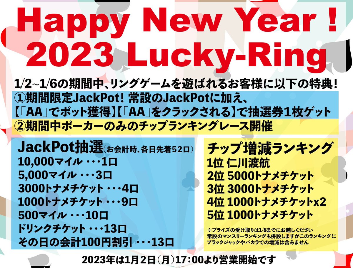 rownlown's tweet photo. あけましておめでとうございます⛩
2023年初OPEN致しました🎍

本日はリングゲームのみの営業です😊
既にお客様たくさんいらっしゃっております☺️
正月にのんびりポーカー、素敵ですね

そして1/2〜1/6の期間限定イベントを行なっております🔥
内容は下の画像をCHECK👇

今年もよろしくお願いします☺️ https://t.co/PPUgWTQr1F