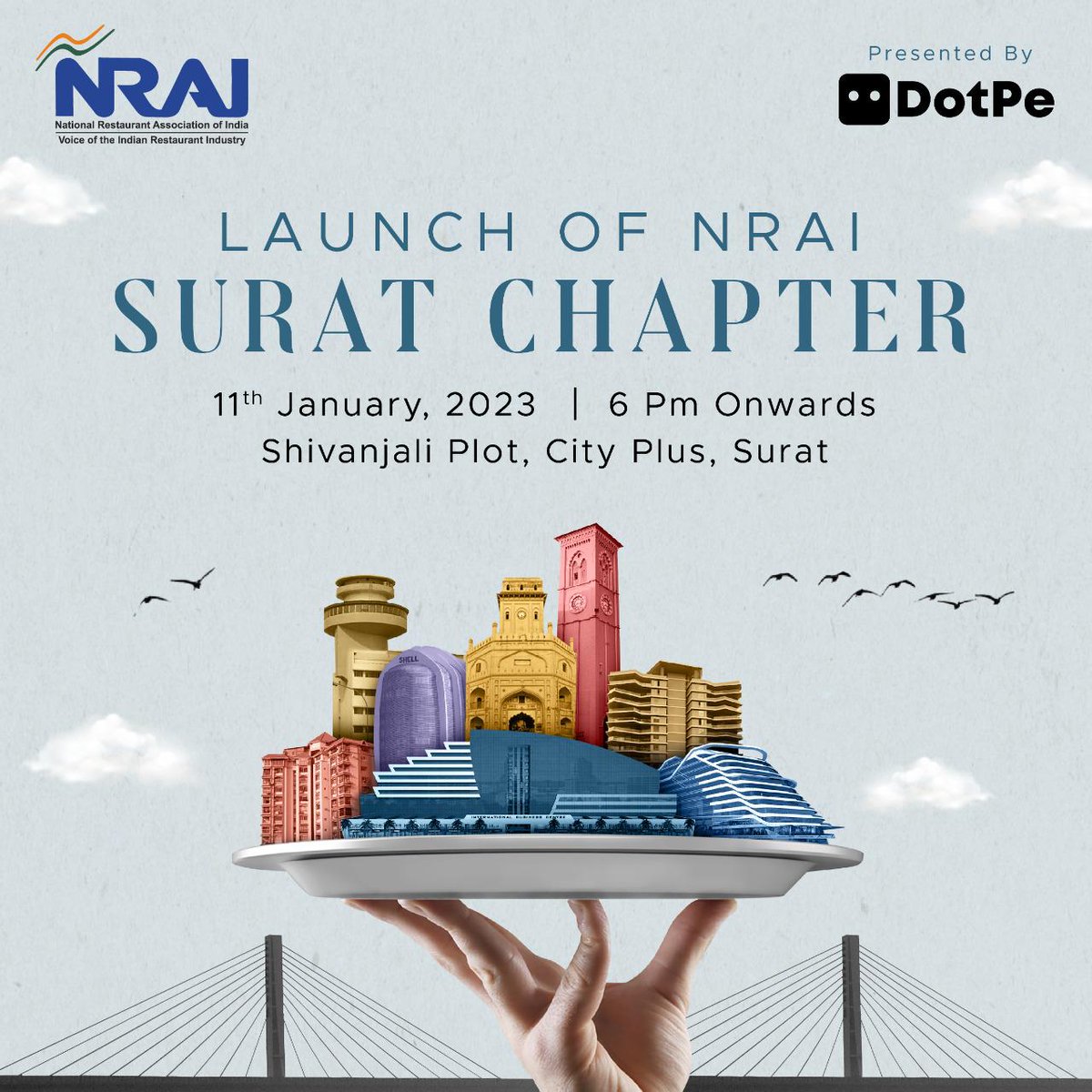 NRAI_India's tweet photo. NRAI is proud to announce the launch of our newest chapter in Surat on 11th January 2023.

Stay tuned for updates!

#NRAI #NRAISuratChapter #SuratChapter #ChapterLaunch #Restaurants #FoodIndustry #Networking #opportunity #productivity #NationalRestaurantAssociationOfIndia https://t.co/nObKmvmYLf