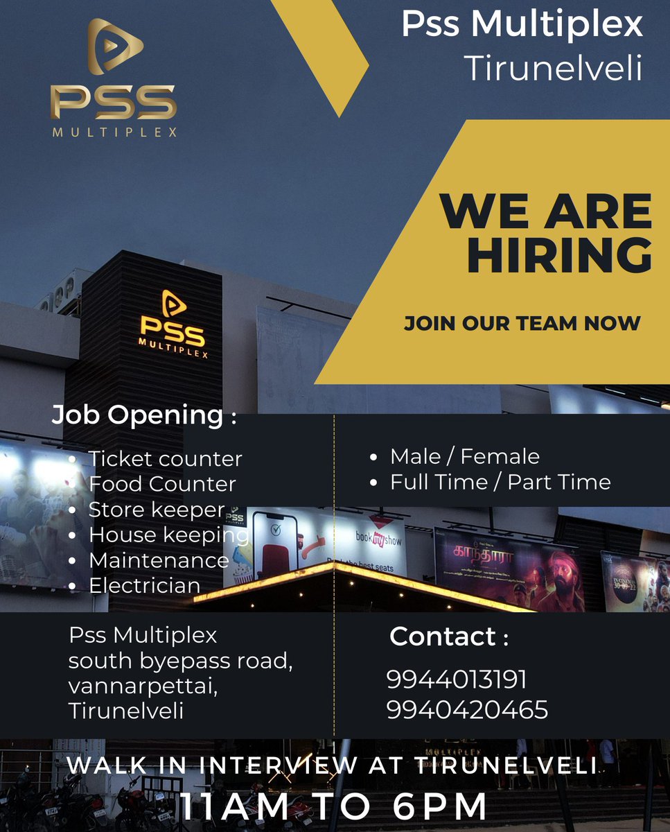 NellaiVanakkam's tweet image. Job Opportunity at @PssMultiplexOff Tirunelveli 

Walk-in Interview Going on Now

#PssMultiplex #Tirunelveli #Jobopportunity 
#VanakkamNellai #NellaiPasanga