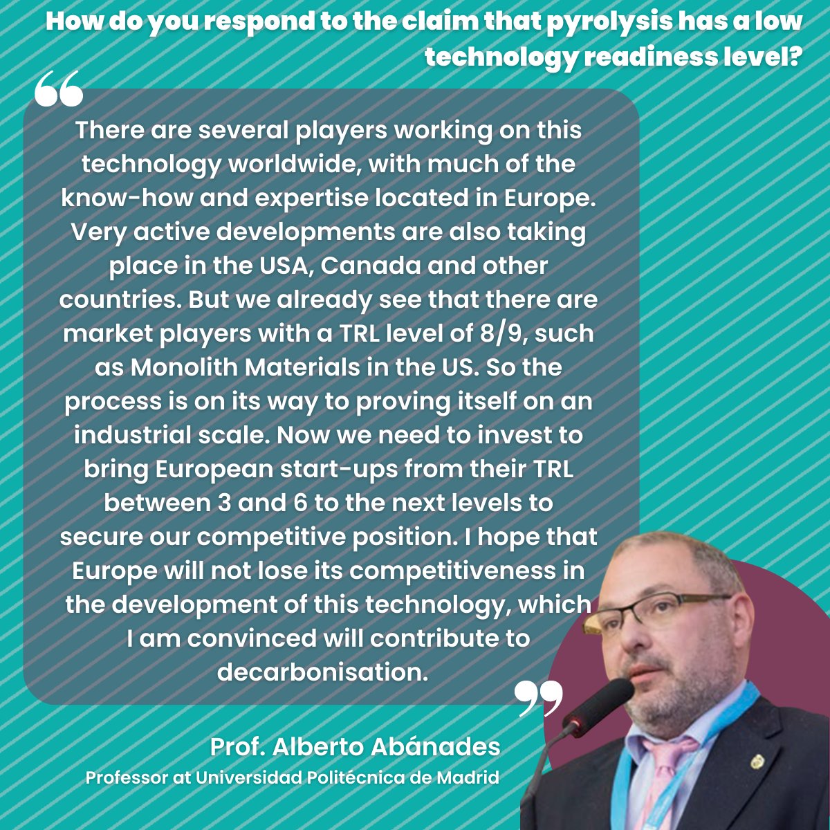 H2Europe's tweet photo. In our #PyrolysisPaper, w/ @DVGW, you will find a conversation with prof. Abánades from @La_UPM where explains the role #pyrolysis should play in the #hydrogen economy, its advantages &amp; its potential complementary role with #electrolysis. 

👉https://t.co/xKbTyDZNYg https://t.co/zJsk9ftKbe