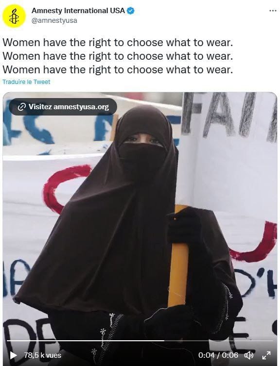 Derechos de la mujer reclamados por Amnistía Internacional en el s XXI: derecho a someterse al burka. Las ONG cooperan con la distopia patriarcal