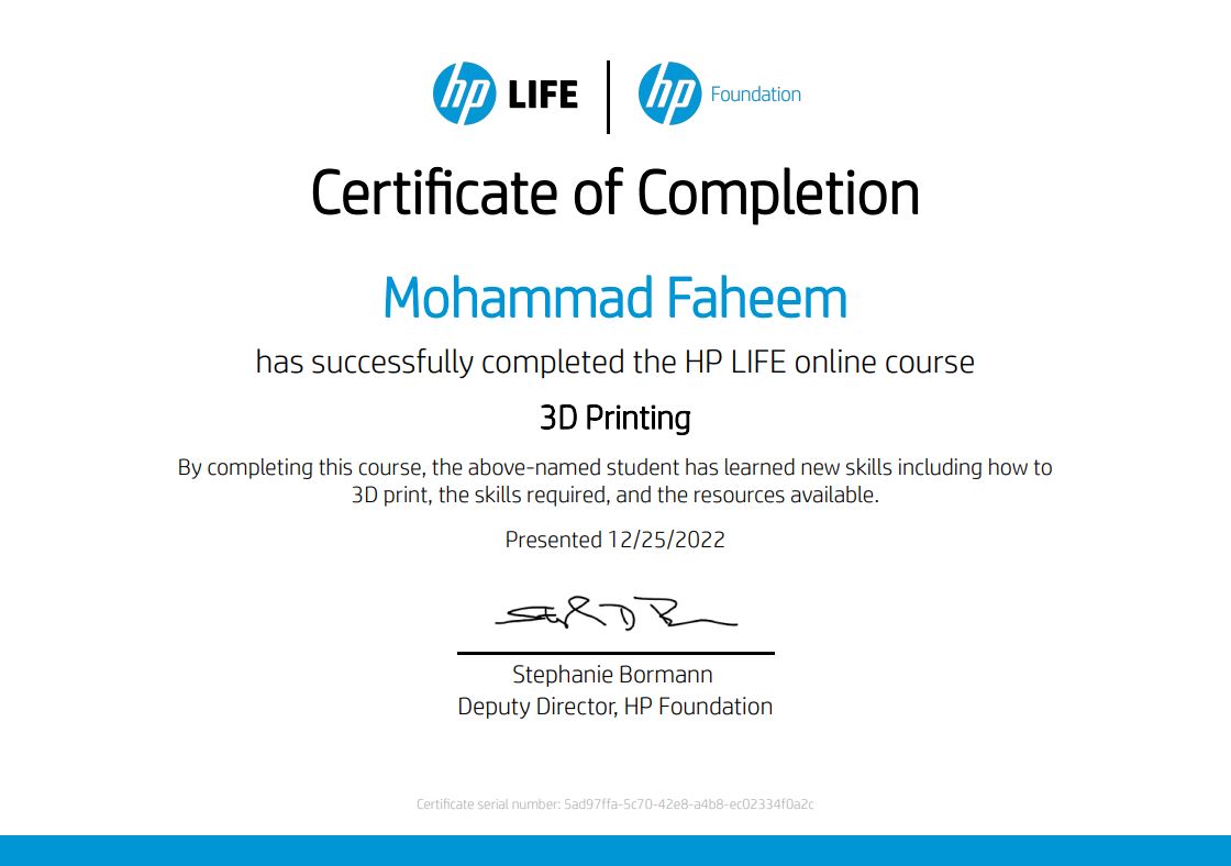 Learning about 3D printing is such an incredible experience. Thank you @HPLIFE_Program, for such an insightful and in-depth course.
#hp #3D #printing #course #Selfdevelopment