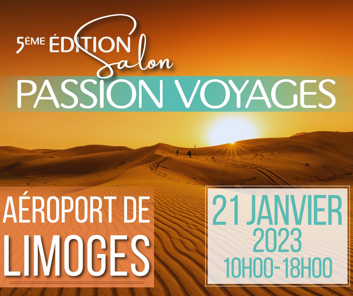 A vos agendas ! 
RDV le 21 janvier 2023 😍 pour le 5ème Salon Passion Voyages à l' <a href="/AeroportLimoges/">Aéroport Limoges</a> de 10h à 18h
+ de 50 conférences voyages avec des professionnels du tourisme et des surprises
👉🏼 : bit.ly/salonpassionvo…
#voyages #salonpassionvoyages #decouvrirlemonde
