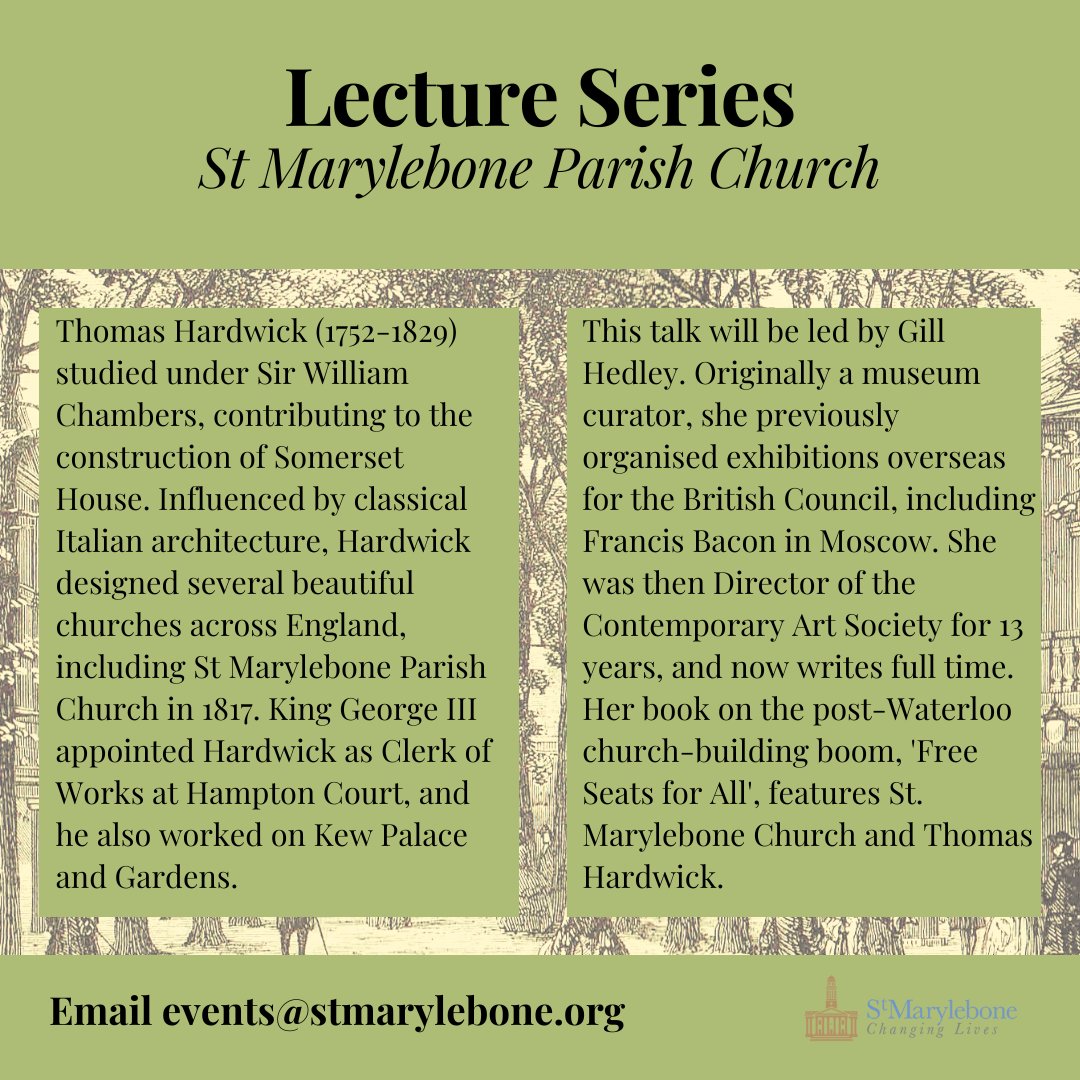 StMaryleboneCL's tweet photo. Our first free talk is on the architect of our church, Thomas Hardwick!
This will be led by the historian Gill Hedley at 6:30pm on Wednesday 1st February
Please email to be added to our mailing list!
#marylebonehistory #historylecture @HeritageFundUK @HistoricEngland https://t.co/sTrE6j7Fj1