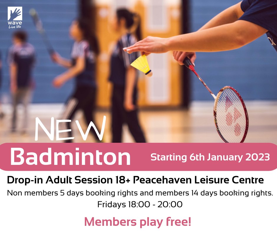 Our NEW Adult Badminton Sessions start this Friday!

Start the New Year with a new hobby and come along to  Peacehaven Leisure Centre 6pm-8pm. We look forward to seeing you there 😀

FREE to members!