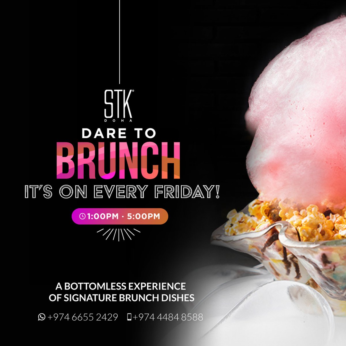MarhabaQatar's tweet photo. Dare to brunch at STK Doha for a bottomless experience of signature brunch dishes!
Fridays, 1 pm – 5 pm
QAR275 soft beverages
QAR450 regular hops, grapes & beverages
QAR495 premium hops, grapes, beverages & bubbly
Call 4484 8588 or WhatsApp 6655 2429.
#RitzCarltonDoha #STKDoha https://t.co/9L1OaCXR4T