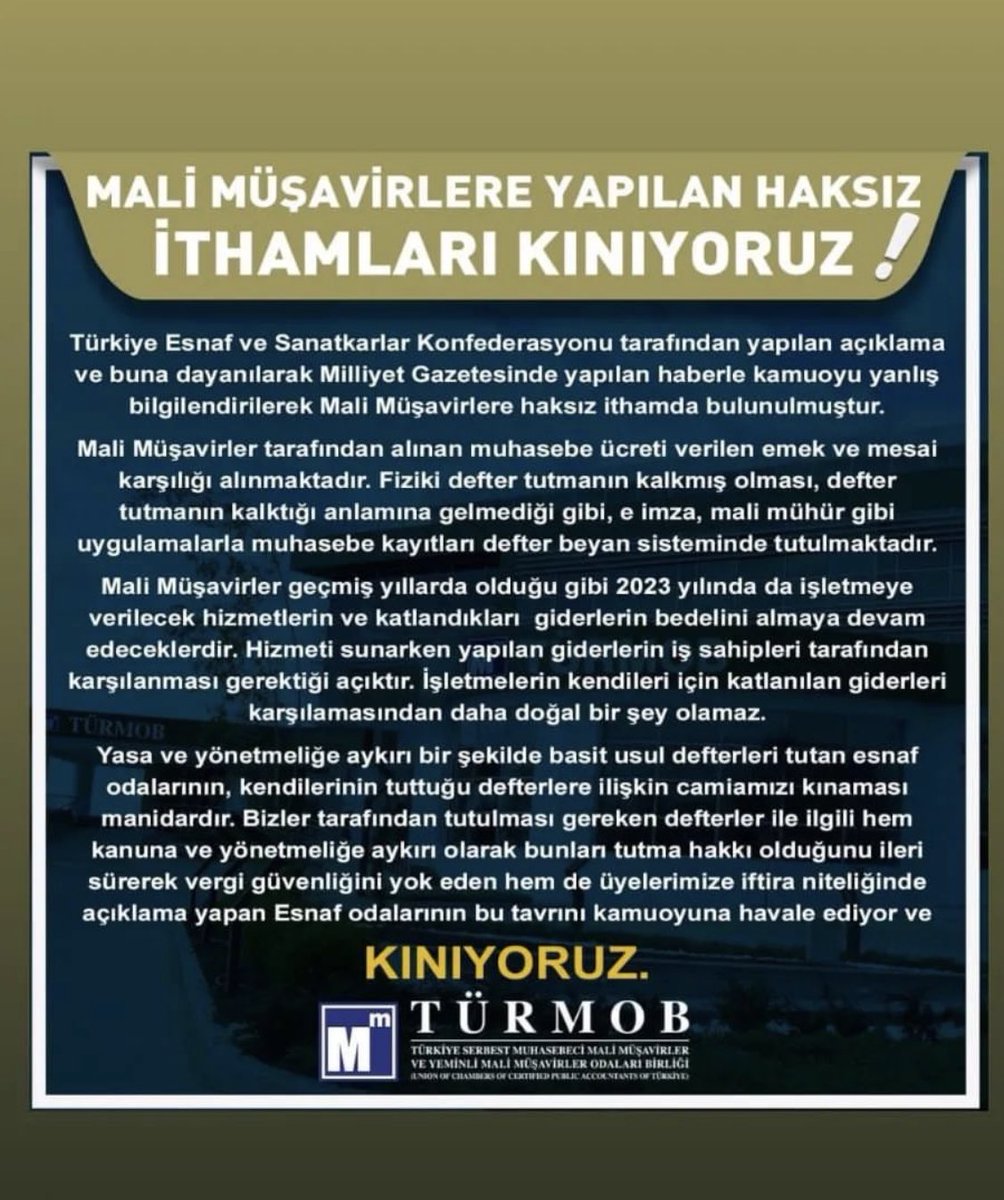 MALİ MÜŞAVİRLERE YAPILAN HAKSIZ İTHAMLARI KINIYORUZ!...

👉 bit.ly/3Q6C9x9

#türmob