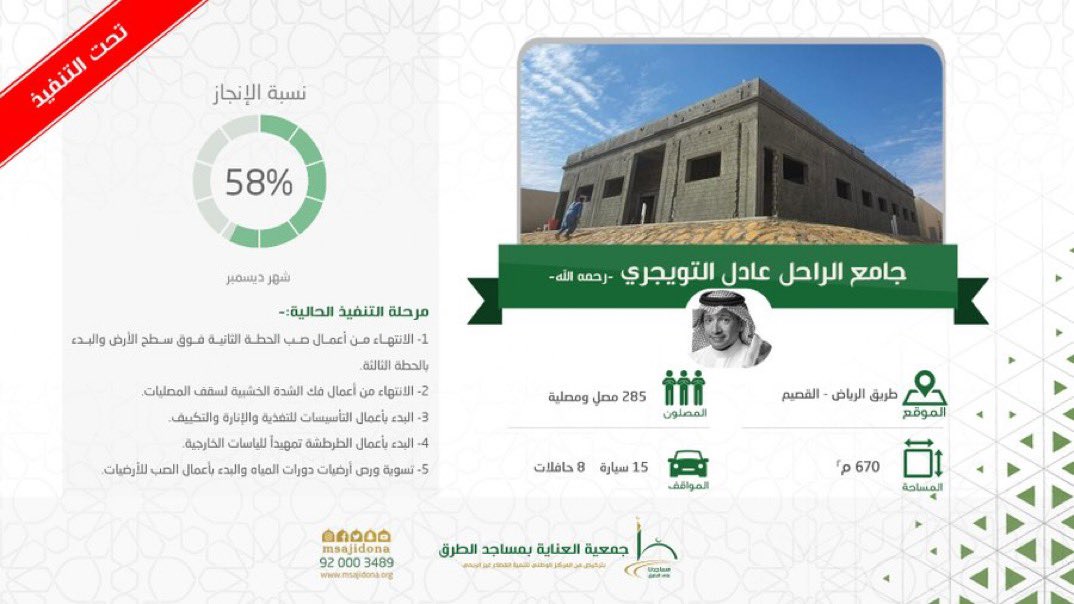 وقف جامع الراحل #عادل_التويجري رحمه الله
تم انجاز : %58 وما بقي الا القليل 

[ ساهم لو بالقليل او بنشر هذا الوقف ]

🚨 .. للمساهمة في إكمال المبلغ: 👇
🔗 bit.ly/3LYSksW  

#مساجدنا_على_الطرق