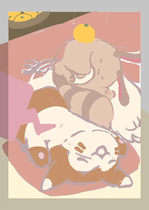 wip1枚目鏡餅イメージで描いたけど伝わりづらくなってしまった…でも可愛いのでそのまま完成まで進める予定2枚目はこうしたかった落書き 