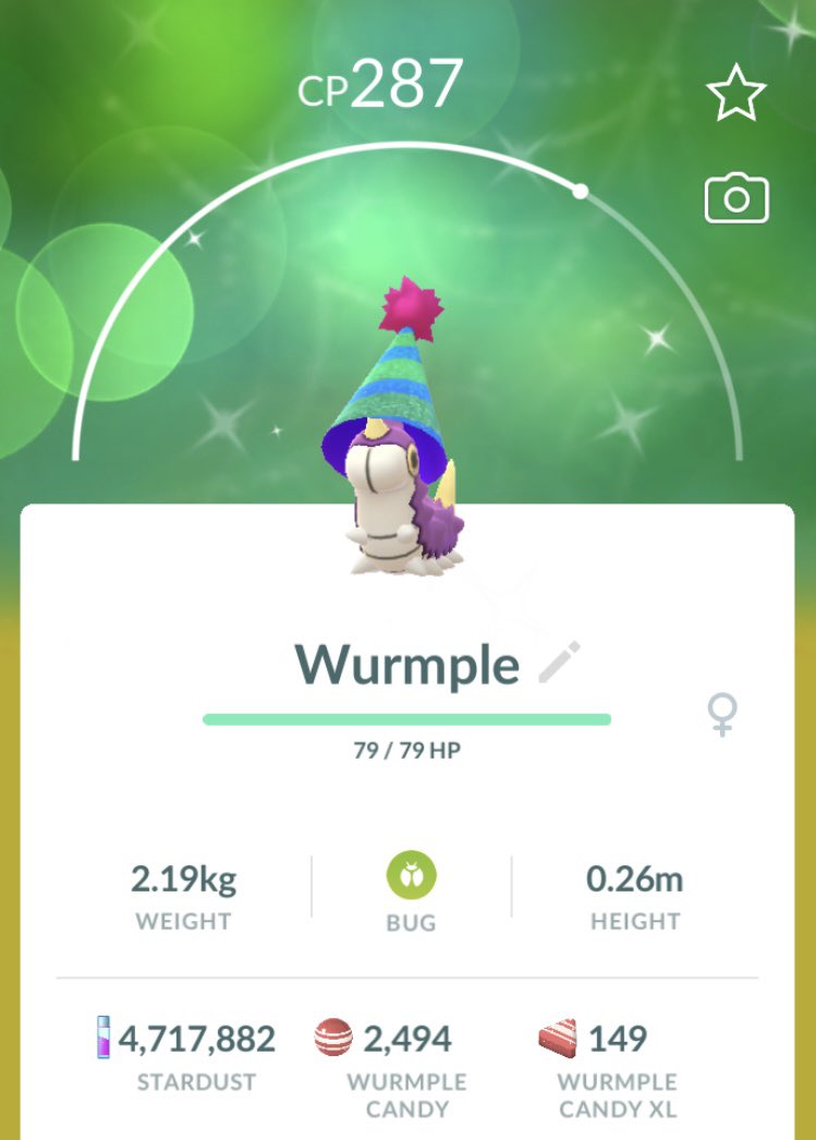 _Ali_Deer's tweet photo. First Shiny of the Year! Shiny party hat Wurmple 🥳 my first one too! Hopefully the luck keeps up through out the year! #shiny #shinypokemon #pokemon #pokemongo #shinycheck https://t.co/98xjYIQB1U