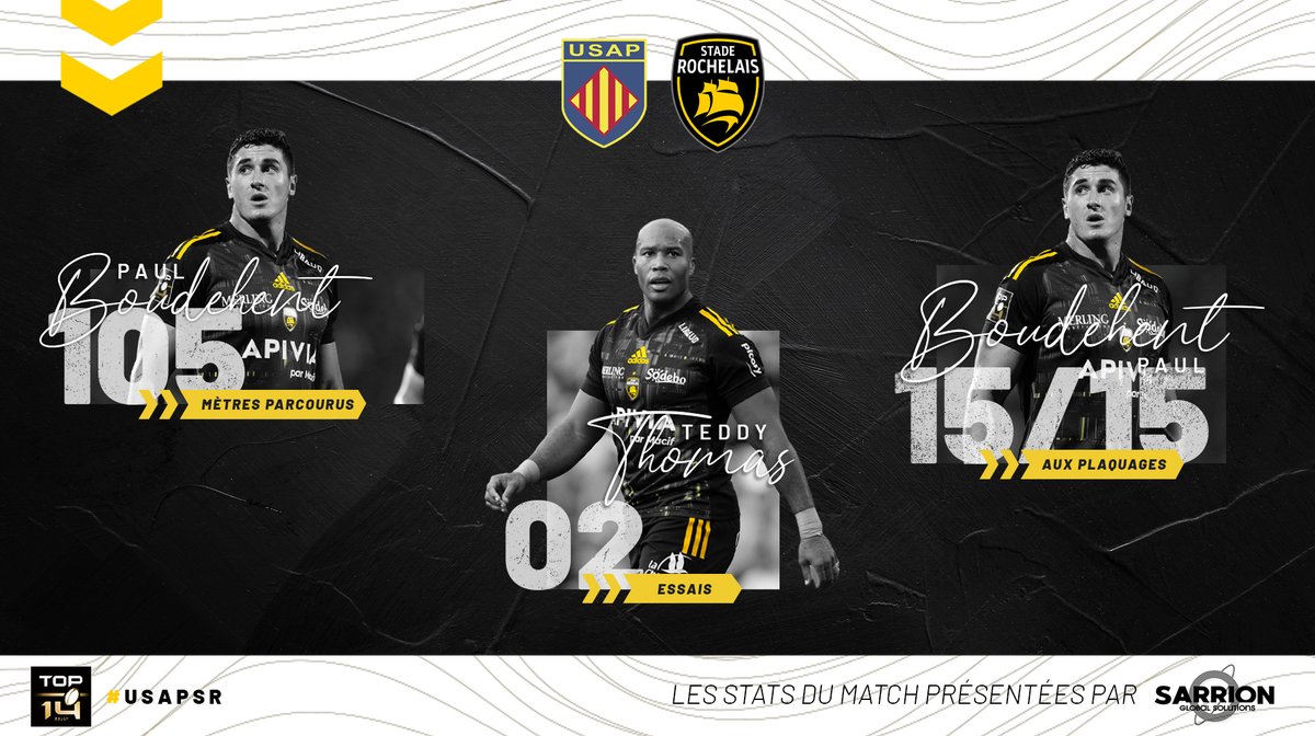 🔢 Un Paul Boudehent monstrueux (11 courses, 105 mètres parcourus, 100% aux plaquages, 6 défenseurs battus, 1 essai) et un <a href="/TeddyThoms/">Teddy Thomas</a> toujours aussi bon finisseur ! 😏

#USAPSR | #Top14 | #FievreSR