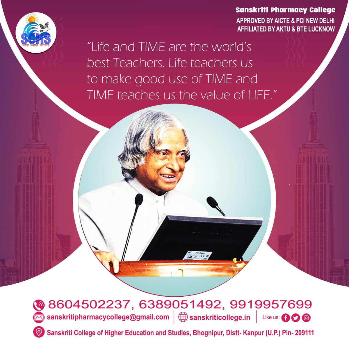 CollegeSchs's tweet photo. "Life and Time are word's
Best teachers. Life teachers us 
to make good use of time and 
Time teachers us the value of Life"!!
#Dr.A.P.J. Abdul Kalam

For any queries contact 📞: 8604502237, 6389051492, 9919957699
#Schs, #Diploma #Skilldevelopment
#Kanpurdehat #IT #Pharmacy https://t.co/cxIQ1I3H2i