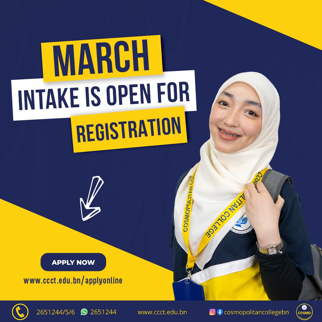 Our March intake is OPEN!

Come visit us and know more about our courses. We will be very happy to meet YOU

Lakastah Ke COSMO

#choosecosmo #marchintake #teamblueandyellow #lakastahkecosmo #brunei_daily