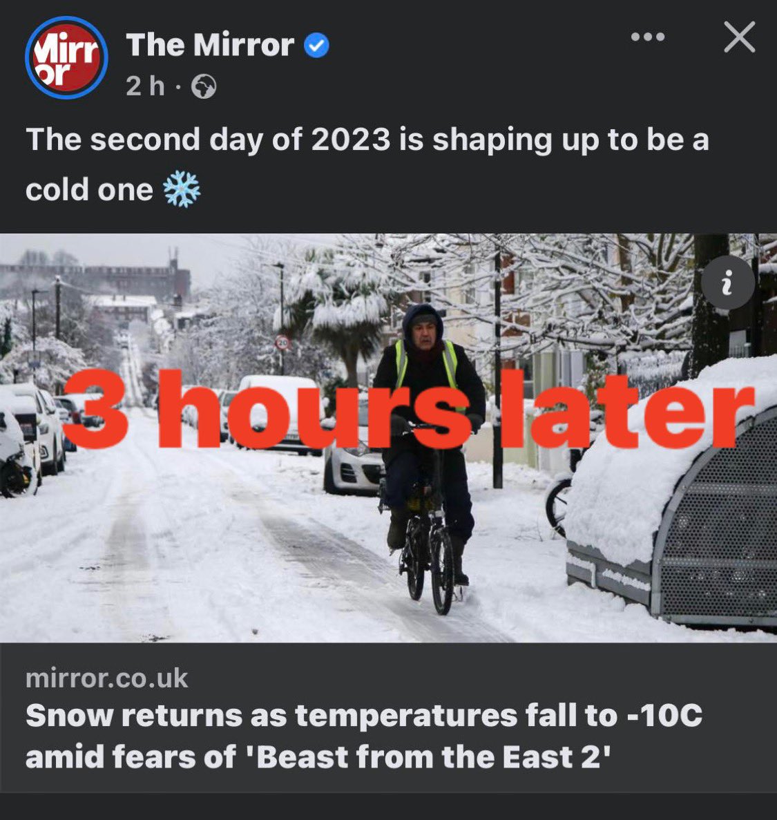 5hrs ago .Met office ,( world leading supercomputer)Denies claims made by other forecasters (windows vista running on a 15 year old acer ) .3 hours later ,Britain to be blasted by beast from the east , According to a leapfrog my first laptop .#cockwomble #Ukweather #idiots.