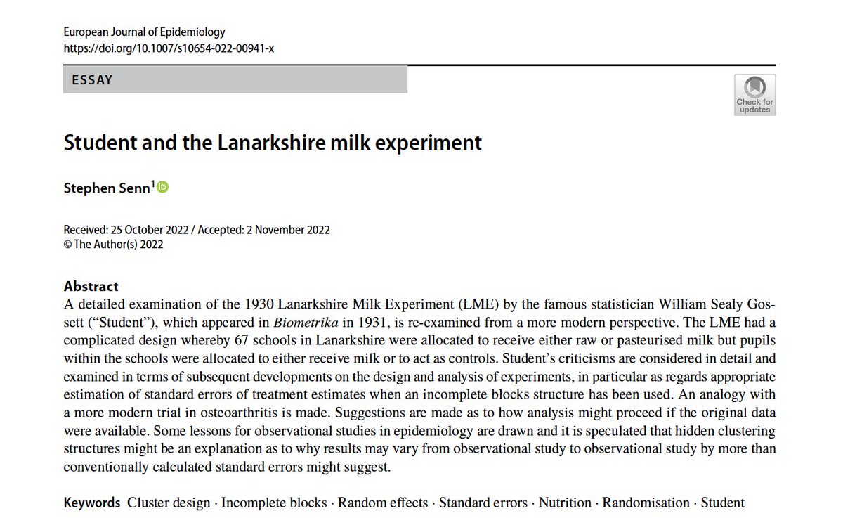 Great new read from <a href="/stephensenn/">Stephen John Senn</a> for any trialist, observationalist or casualist with an interest in analyzing data that are nested (or clustered, multilevel,...) 
doi.org/10.1007/s10654…