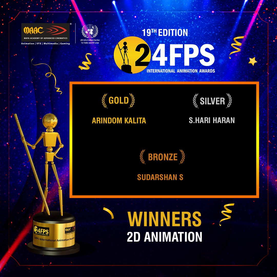 MayaAcademyInd's tweet photo. Presenting the winners of the MAAC 24FPS 2022 International Animation Awards - 2D Animation category 🤩
A big congratulations to the winners for their stellar achievements. Keep up the fantastic work 👍🏻
#24FPS #MAAC24FPS #MAAC #MAACIndia #MAACIndiaOfficial #AnimationAwards https://t.co/n2gxGQWMog
