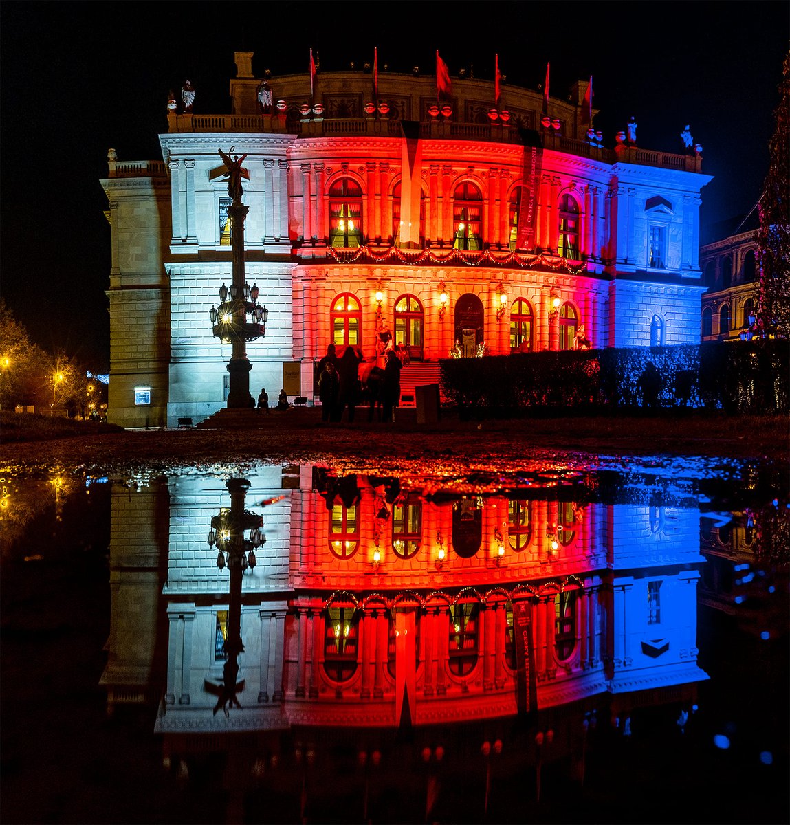 PragueMorning's tweet photo. January 1, 2023, marked 30 years since the foundation of the Czech Republic. As part of the celebrations, #Prague illuminated some buildings in national colours. https://t.co/2k4Nkq0buC