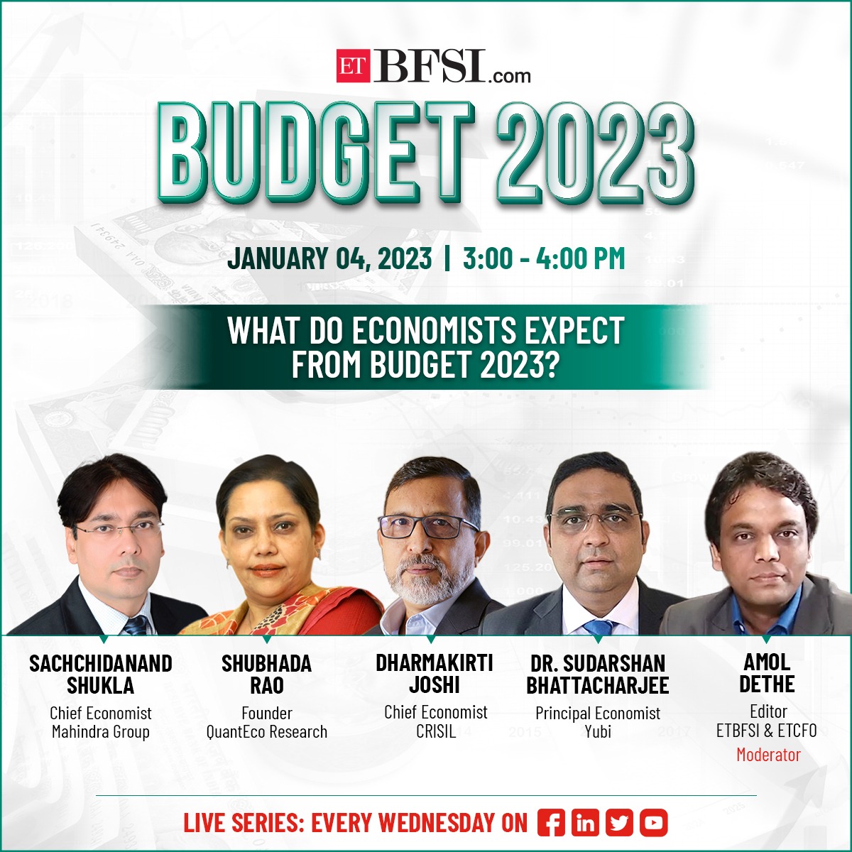 Join us on our social media channels to receive updates and analysis of the 2023 budget. Our experts will provide their insights and predictions on what they expect to see in the budget. Will you be following along?

Time: 3pm-4pm
Date: 4th January 2023

#ETBFSI #UnionBudget