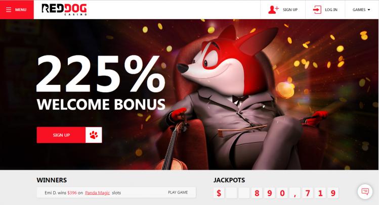 Red Dog offering a %250 deposit bonus and a 55 free spin online casino promotion