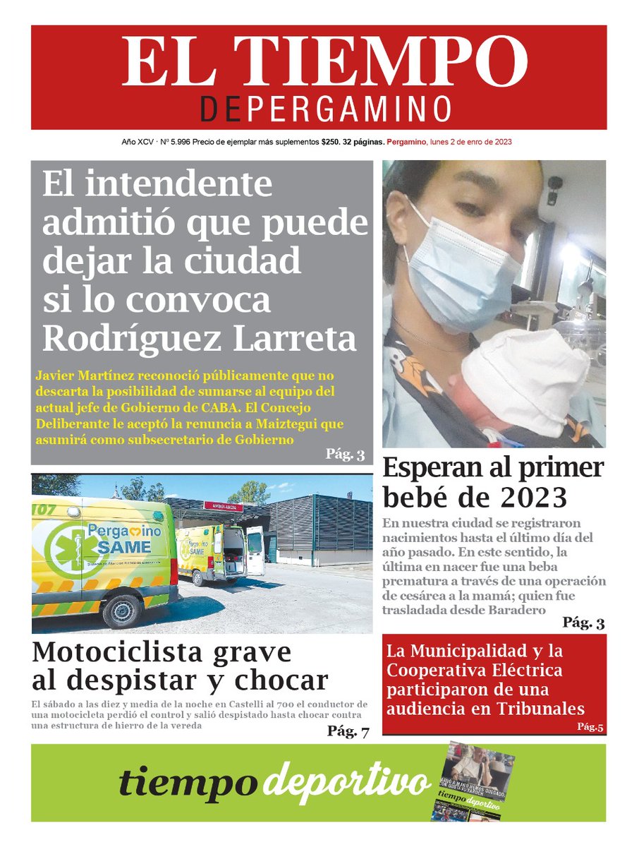 📰 Tapa de la edición 5.996 de semanario El Tiempo de Pergamino, de hoy, lunes 2 de enero de 2023, con toda la información de la actualidad local.
¡Conseguí tu ejemplar de semanario El Tiempo de HOY!
¡Visitá nuestra web!
eltiempodepergamino.com.ar
#informacion #actualidad #noticias