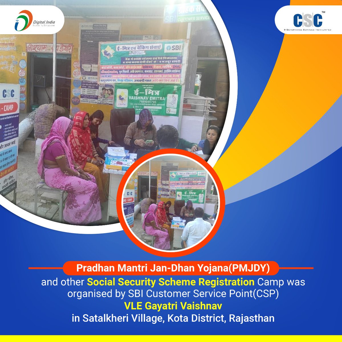 Pradhan Mantri Jan-Dhan Yojana(#PMJDY) and other Social Security Scheme Registration Camp was organized by #SBI Customer Service Point(CSP) VLE Gayatri Vaishnav in Satalkheri Village, Kota District, #Rajasthan.

#CSC #DigitalIndia #RuralEmpowerment #mondaymotivation