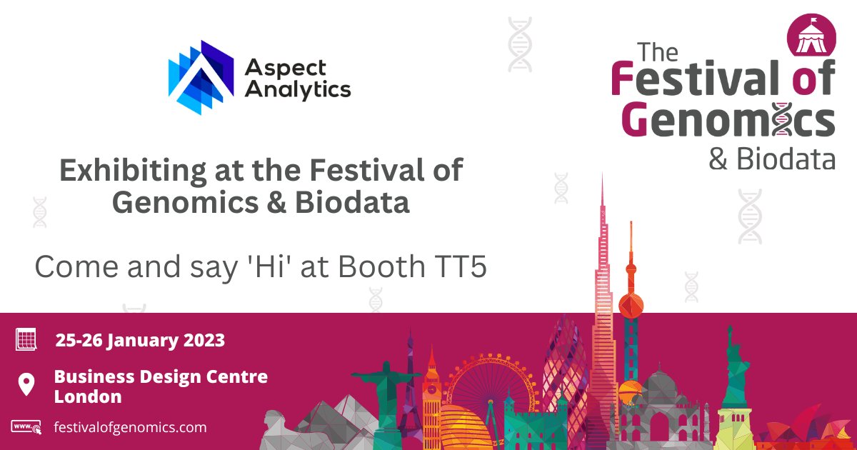 AspectAnalytics's tweet image. Happy new year! Aspect Analytics is heading to London for the Festival of Genomics & Biodata, 25-26th January. We’re at booth TT5, come say hi and learn how Aspect Analytics can support your #spatialmultiomics #dataanalysis
#FoG2023 #spatialanalysis #spatialbiology #AI4MSI