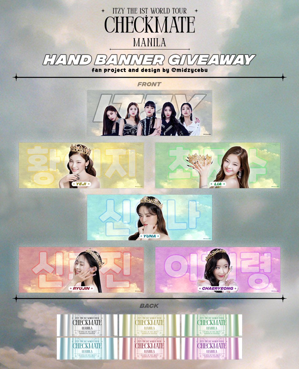midzycebu's tweet photo. ✧ ITZY Manila Banner GIVEAWAY ✧

Hello midzys! 
We'll be giving away hand banners on days 1 and 2.
will reply to this tweet for the exact time and loc on d-day.
+ additional details below 👇

✧ like &amp; rt to spread ✧

#ITZY_CHECKMATE_MANILA 
#ITZY_WORLD_TOUR https://t.co/Ze7lmHm74b