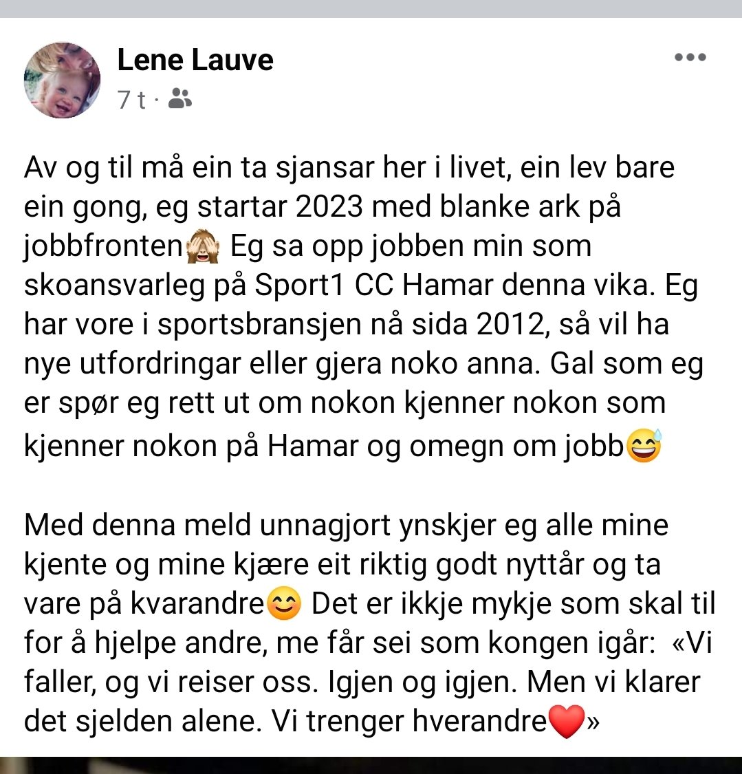 Fruen søker nye utfordringer i 2023, og ser etter ny jobb i Hamarregionen. Et kjapt google-søk vil kunne gi mer info om Lene, eller ta gjerne kontakt. 
RT gjerne. #twitterhjelp