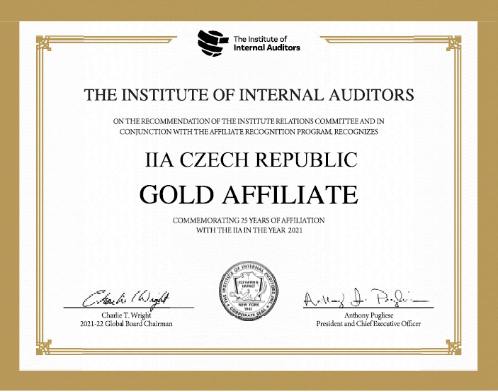 IIACzech's tweet image. ČIIA je již více než 25 let přidružen k mezinárodnímu institutu interních auditorů (The IIA). Při této příležitosti nám The IIA udělil certifikát a digitální odznak s označením GOLD AFFILIATE. Vážíme si toho a děkujeme!