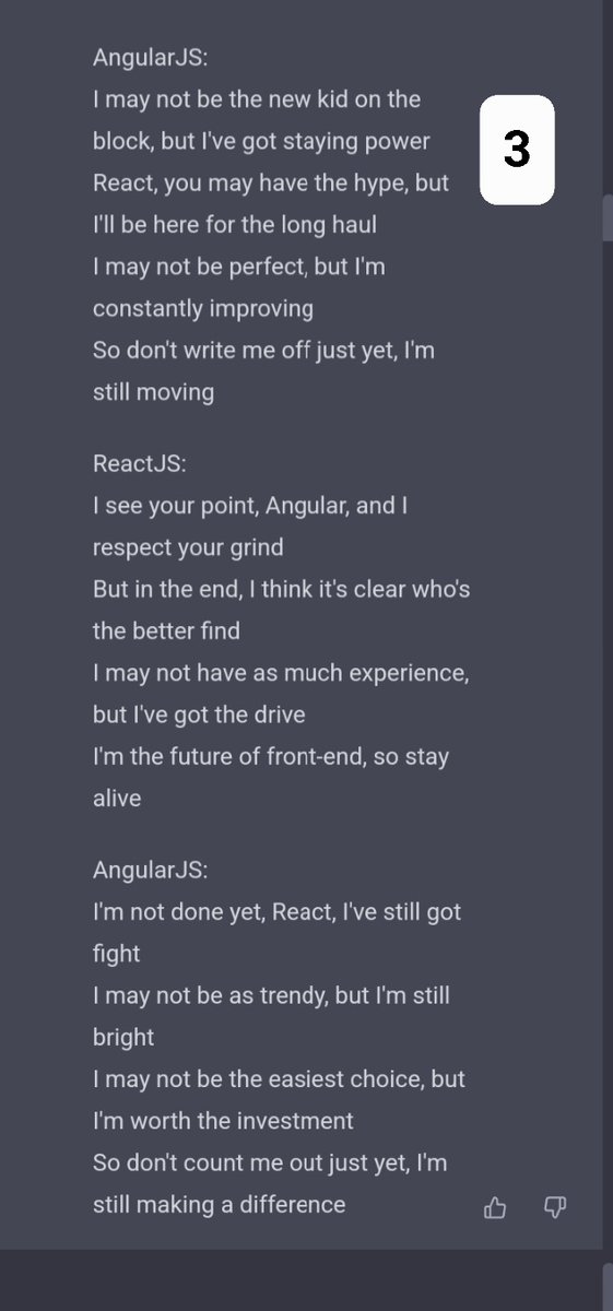 I asked chatgpt to write a rap battle between react and angular! 

now someone give some beat please!  🤣

#ChatGPT #ReactJS #angularJS #reactdeveloper #angulardeveloper