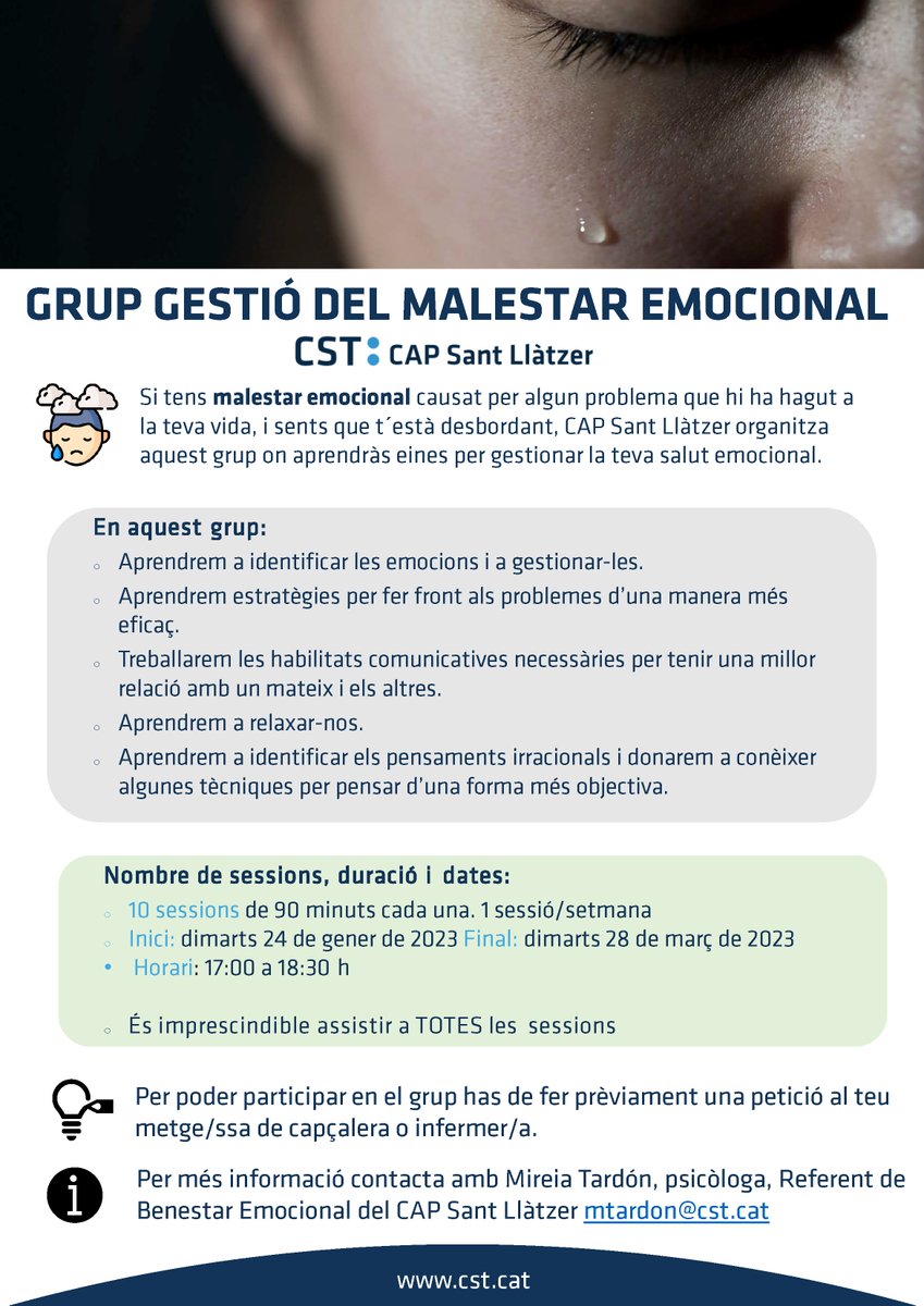 CSTerrassa's tweet photo. 🫂 Grup Gestió del malestar emocional a càrrec del Referent de Benestar Emocional del #CAPSantLlàtzer 👇🏽 https://t.co/DKseEhlMra