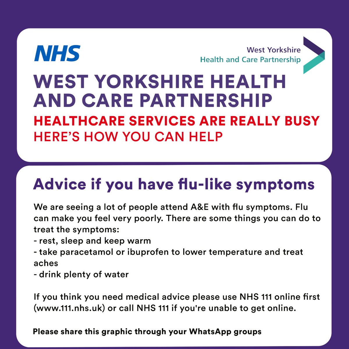 There are lots of reasons why the health and care system is experiencing significant pressure, here's one of the ways you can help us right now.  If you have flu-like symptoms please stay at home and follow the advice below @Mel_Pickup @elaineappelbee @Phillipahubbar1