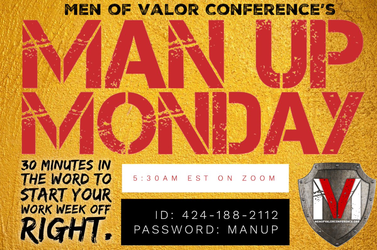 MOVMinistries's tweet photo. 5:30am EST join us on zoom for Man Up Monday. Password is MANUP call goes live for you to join around 5:25. https://t.co/vOsWRq9vGl  #ManUpMonday! https://t.co/PAwTxRplmC