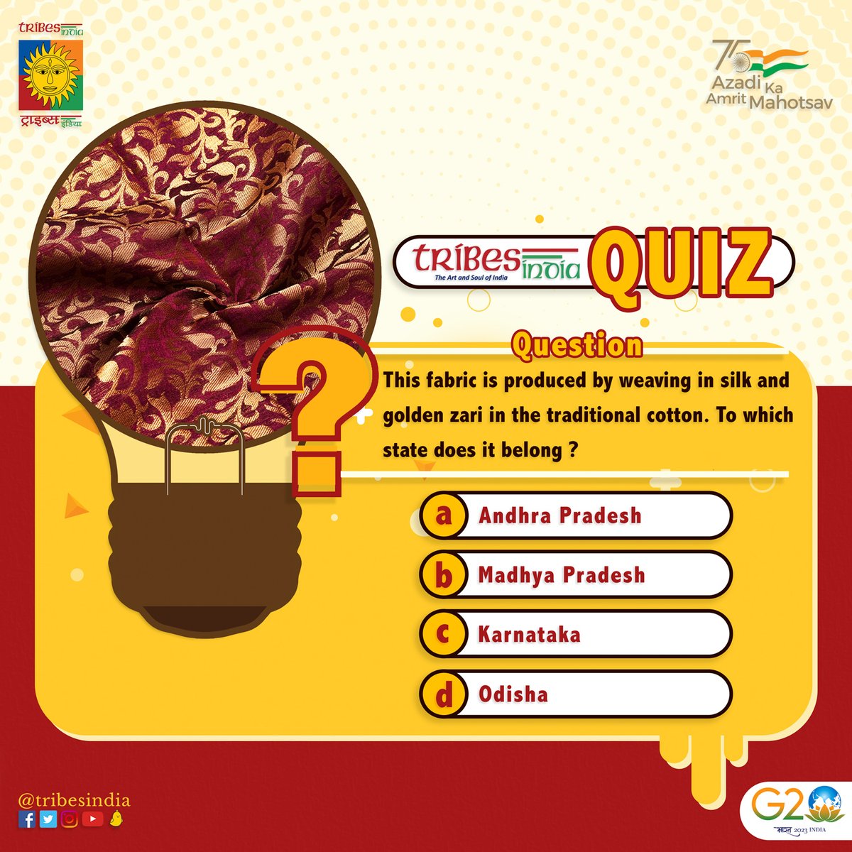 tribesindia's tweet photo. Does tribal culture, tradition, food, and artforms interests you? Then here is a chance to test your awareness in a fun way.
Drop in your answers to these quick questions in the comments &amp; let's see how many of you gets it correct!
#Vocal4Local #BuyTribal #AmritMahotsav #G20India https://t.co/xyU4NB0rmF