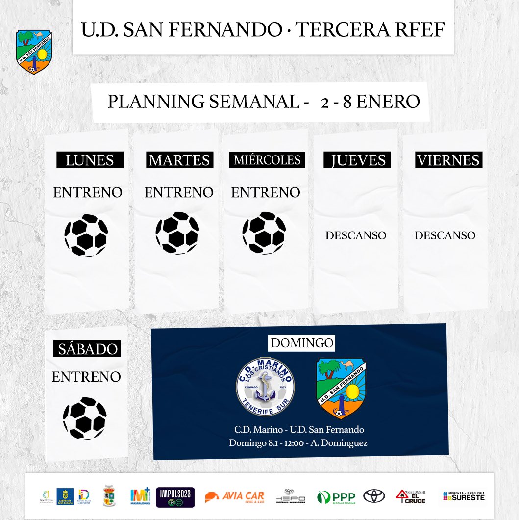 udsanfer's tweet photo. ▪ ¡𝗔𝗿𝗿𝗮𝗻𝗰𝗮𝗺𝗼𝘀 𝗲𝗹 𝟮𝟬𝟮𝟯!

Nuestro primer encuentro del año será este domingo a las 12:00 frente al C.D. Marino, en Tenerife. Mismo objetivo que cada semana, ¡intentar seguir sumando! 💪

#UDSanFernando | #ElAzulEstadeModa https://t.co/UdQsO7igQA