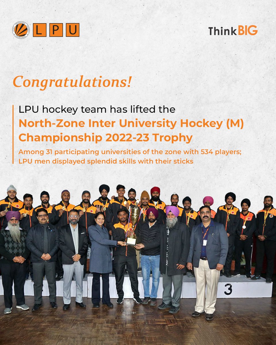 lpuuniversity's tweet photo. Heartiest congratulations to LPU's amazing Hockey Team on lifting the North-Zone Inter University Hockey (M) Championship 2022-23 Trophy!

LPU takes pride in extending world-class training to our athletes.

#LPUForYou #SportsAtLPU #LPUStudentAchievements #MondayThoughts #ThinkBIG https://t.co/YcEpuHCDfY