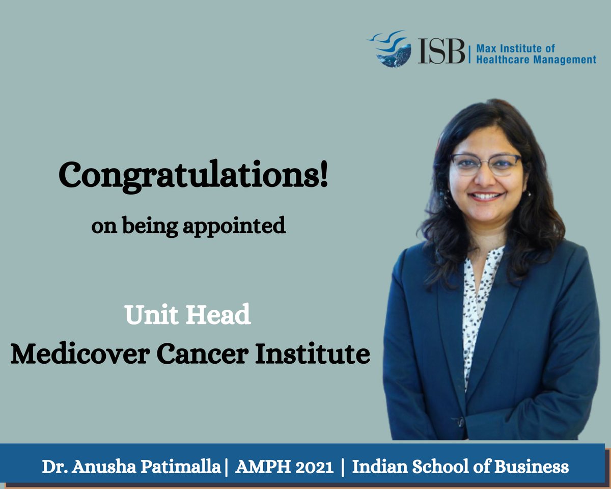 ISB_Healthcare's tweet photo. AMPH Co 2021's @docanusays
has been appointed as the Unit Head at Medicover Cancer Institute. In the new role, she will be handling P&L, business development, and operations pertaining to patient care services, medical, and other support services.
#HealthcareAtISB #ISBamph https://t.co/e7elb2l3K8