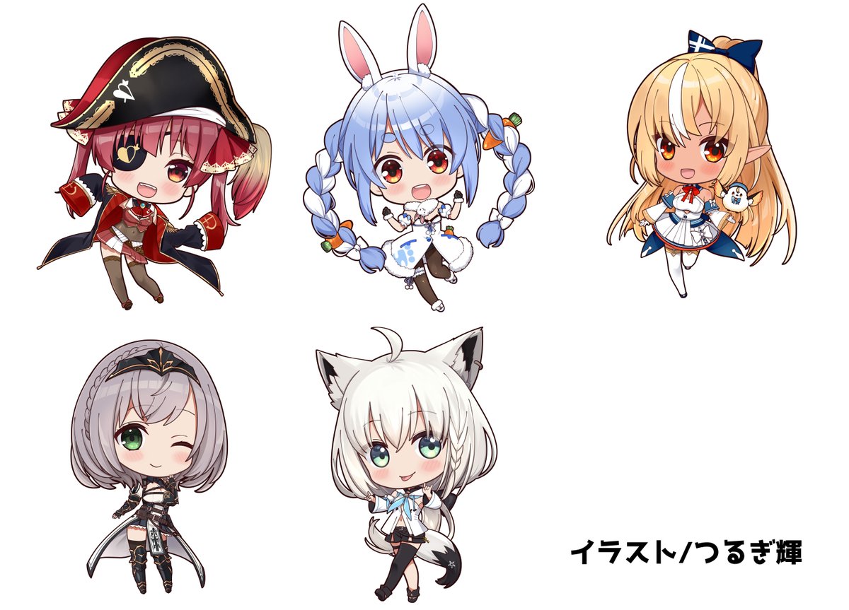 宝鐘マリン ,白上フブキ ,不知火フレア ,白銀ノエル ,兎田ぺこら 「【C101お知らせ】メロンブックスにてで売り切れになっていたアクキーの在庫を増や」|つるぎ輝のイラスト