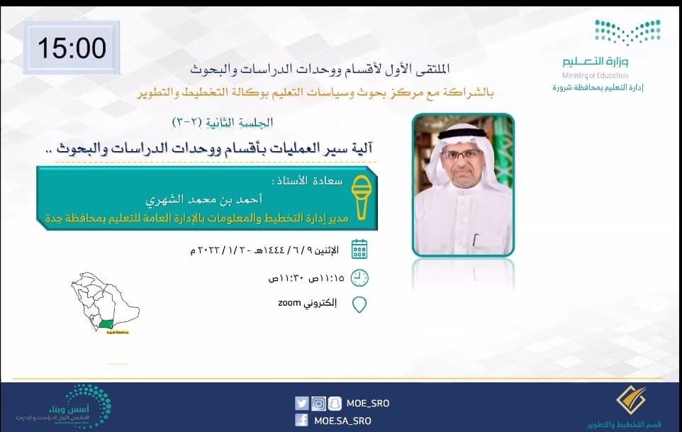 قدم مدير إدارة التخطيط والمعلومات بـ #تعليم_جده  اليوم، ورقة عمل ضمن فعاليات "الملتقى الأول لأقسام ووحدات الدراسات والبحوث في إدارات التعليم" الذي أُقيم بالشراكة مع مركز بحوث سياسات التعليم بوكالة التخطيط والتطوير بوزارة التعليم،وأشرفت على تنظيمه إدارة #تعليم_شرورة .