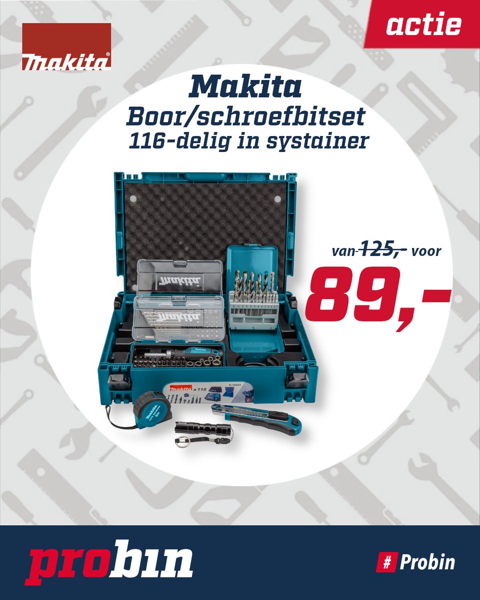 GBITelder's tweet photo. Schroeven en boren met deze mooie set van Makita.  Nu extra voordelig!  Kom naar onze vestiging of bestel hem online!  #makita #bitset #mbox #probin #probintelder  https://t.co/cbuv4oEWRu https://t.co/m9p7eVqxOn