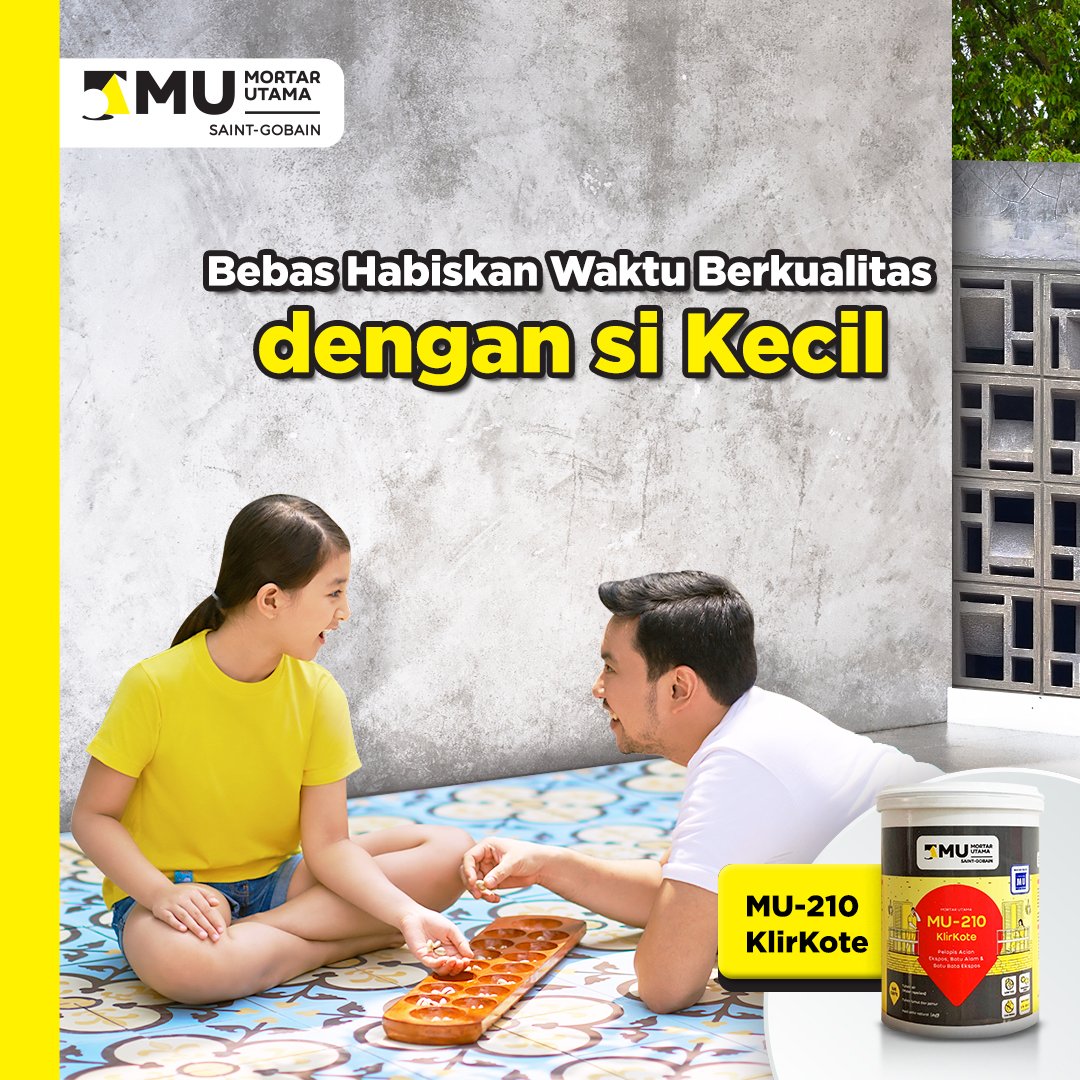 Masa kecil anak tidak akan terulang. Luangkan waktu bersamanya dengan berkualitas di ruang yang nyaman dan aman.

Wujudkan dengan MU-210 KlirKote untuk dinding kokoh, halus, dan awet hingga berbagai generasi.

Dapatkan segera di marketplace dan toko bangunan terdekatMU!