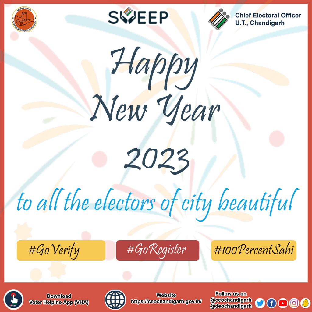 ceochandigarh's tweet photo. We wish you a very happy new year -2023.
#ElectorsVerificationProgramme #GoVerify #100percentsahi #ceochandigarh #SSR2023 https://t.co/oRBL2eNAiJ