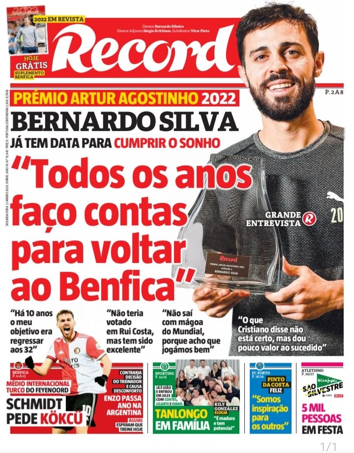 Bernardo Silva é o vencedor do Prémio Artur Agostinho 2022. A entrevista no <a href="/Record_Portugal/">Record</a> de hoje viaja pela carreira do jogador português: a paixão de miúdo pelo futebol, Seleção (com foco no Mundial'2022), Man. City e Benfica. 

Com Sérgio Krithinas e imagem do <a href="/CaladoPaulo/">Paulo Calado</a>
